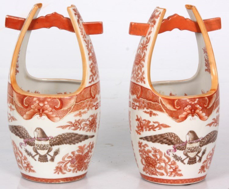 Pr. Asian Export Porcelain Bucket Vases: Pr. Asian Export Porcelain Bucket Vases. Orange fitzhugh style porcelain w/ decorated eagle & shield with E. Pluribus Unum banner on front and back monogrammed “B.L.F.”; marked 1815 on the bottom.