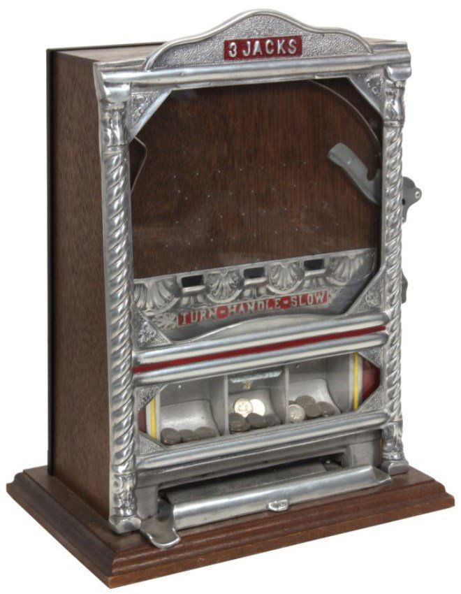 3 Jack Penny Drop Reproduction Trade Stimulator: 3 Jack Penny Drop ReproductionTrade Stimulator. Flick style trade stimulator with coin shoot on the right side, case front has a nickel surface with red and yellow painted highlights, oak game board,