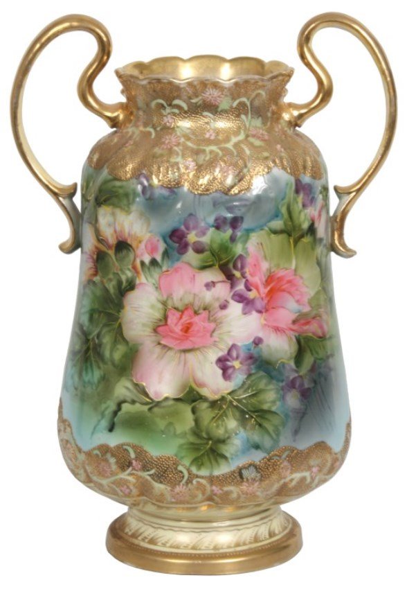 Lg. Nippon Floral Decorated Vase: Lg. Nippon Floral Decorated Vase. Gilt serpentine handles and gilt enamel highlights. No cracks, chips or hairlines, one handle is repaired. 14.5 in. high.