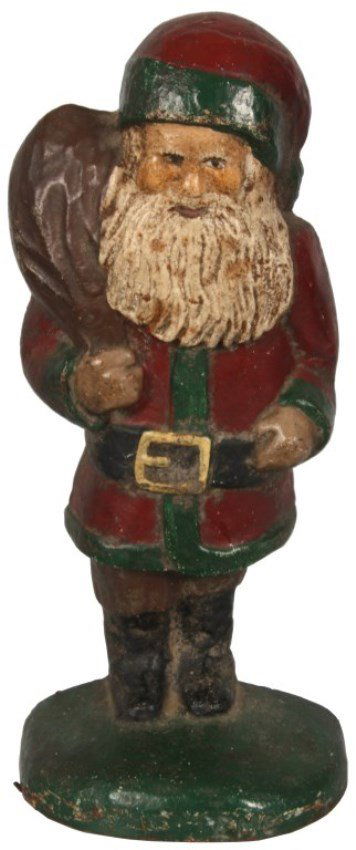 E. Conely E.M.C. No. 5 Cast Iron Doorstop: E. Conely E.M.C. No. 5 Cast Iron Santa Clause Doorstop. Standing figure of a man with a white beard wearing a red coat and hat with green trim, black belt with gold buckle and brown sack slung over hi