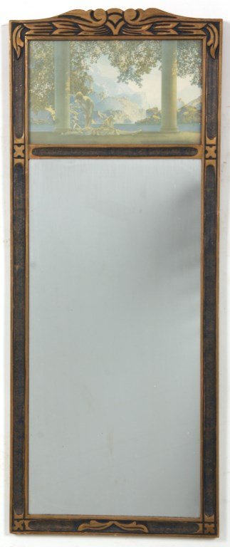 Maxfield Parrish Mirror – Daybreak: Maxfield Parrish Mirror – Daybreak. Carved frame with long mirror panel and “Daybreak print. Overall dimensions. 28.5 in. high x 11.5 in. wide.