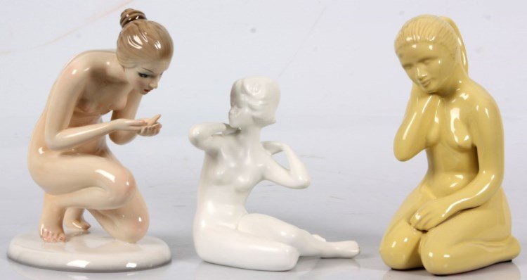3 Pcs. Porcelain Figural Nude: 3 Pcs. Porcelain Figural Nude. Signed Ronzan porcelain figure of a kneeling woman with her hands cupped under her chin; 10.25 in. high. Frankoma pottery nude figure of a kneeling girl with yellow glaz