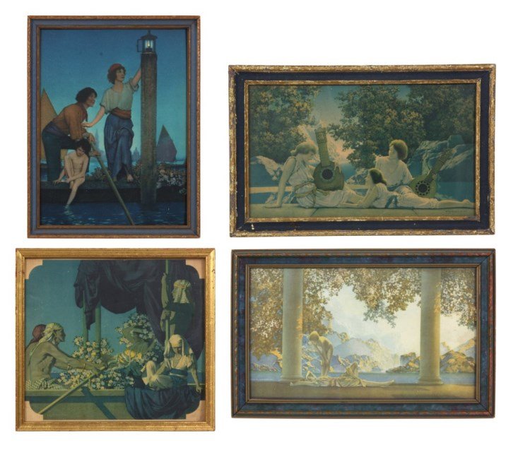 Cleopatra,Venetian Lamplighter,Daybreak, Lute Play: 4 Pc. Maxfield Parrish Prints. Titled Cleopatra,Venetian Lamplighter,Daybreak & Lute Play. printed by various companies - Reinthal & Newman, The House of Art and C.A. Crane. Approximately 9 in. high x