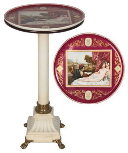 Royal Vienna Porcelain Top Serving Stand: Royal Vienna Porcelain Top Serving Stand. 14.5 in. Royal Vienna porcelain top signed with beehive mark; center hand painted scenic panels depict Cupid and Venus accompanied by a musician, after