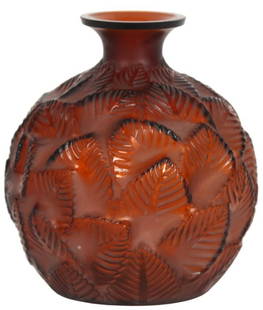 Signed R. Lalique Amber Ormeaux Vase: Signed R. Lalique Amber Ormeaux Vase. A bulbous form vase, relief decorated with an overlapping leaf design in the Ormeaux pattern; executed in a deep amber glass and in excellent condition with no