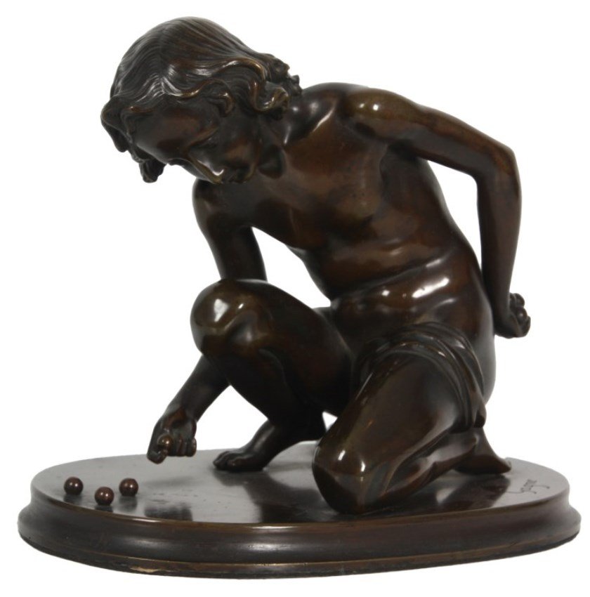 Signed Gagne Bronze – Playing Marbles: Signed Gagne Bronze – Playing Marbles. Bronze figure of a teenage boy kneeling down and leaning over a cluster of 3 marbles, he holds one between his thumb and forefinger in his right hand and holds