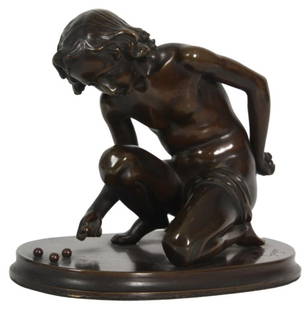 Signed Gagne Bronze – Playing Marbles: Signed Gagne Bronze – Playing Marbles. Bronze figure of a teenage boy kneeling down and leaning over a cluster of 3 marbles, he holds one between his thumb and forefinger in his right hand and