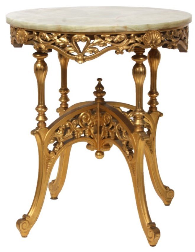 Gilt Carved Onxy Top Center Table: Gilt Carved Onxy Top Center Table. 26 in. dia. green onyx top over a pierced filigree and seashell carved apron; concave arched legs have turned supports at the top with scrolled feet, pierced filigre