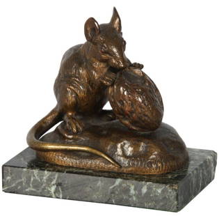 Signed C. Masson Bronze Mouse: Clovis Edmond Masson (1838 -1913, France) bronze figure of a mouse heating a walnut, on a marble base. 3.75 in. high x 4 in. wide x 2.25 in. deep.