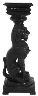 Lg. Figural Carved Lion Pedestal: Lg. Figural Carved Lion Pedestal. Square swivel top has a carved apron with a nicely carved & detailed oversized figural seated lion and a square base; original ebonized finish, has a loss to one