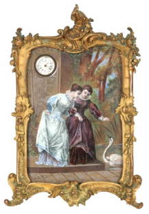 French Enamel On Copper Desk Clock: French Enamel On Copper Desk Clock. Bronze easel frame with French Rococo filigree design, hinged door in the back for accessing the timepiece; enamel on copper panel depicts a genre scene with 2