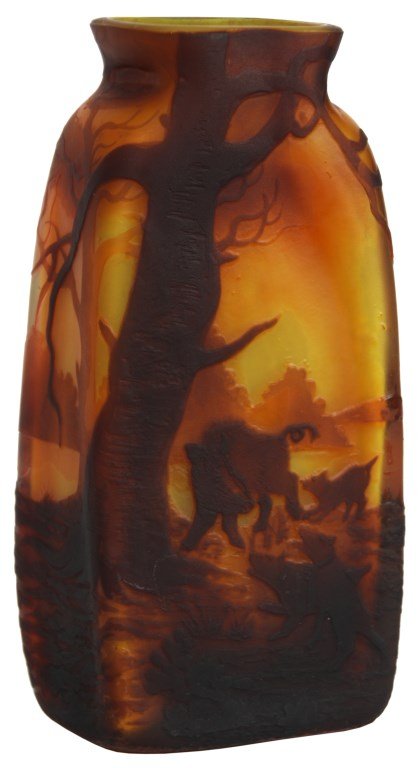 Muller Freres Boar Hunt Cameo Vase: Muller Freres Boar Hunt Cameo Vase. A squared flask form with flared rim and pinched body, the vase has a dark amber outer layer cut to fiery amber and a vibrant yellow background; the scene by the ed
