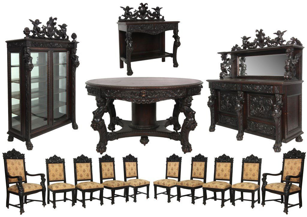 14 Pc. Oak RJ Horner Dining Room Set: 14 Pc. Monumental Figural Carved Oak R.J. Horner Dining Room Set. 54 in. dia. table with gadroon carved edge, swirling filigree and lion's heads on the apron, has large figural maiden bust legs with f