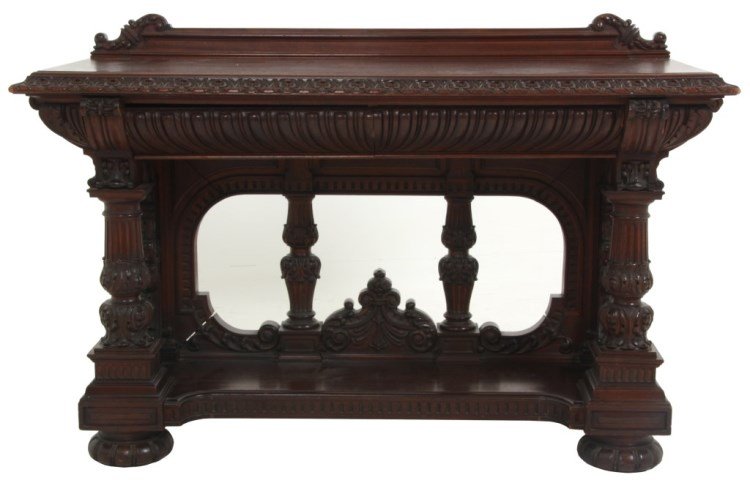 Carved Walnut 2 Drawer Console: Carved Walnut 2 Drawer Console. Carved backsplash with double cornucopia carvings on the corners, top has a fancy heavily carved edge, gadrooned apron with 2 hidden drawers in the front, corbel carvin