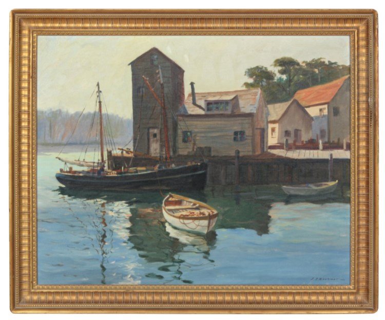 Signed J.J. Enwright O/C Boat Dock Scene: Signed J.J. Enwright O/C Boat Dock Scene. J.J. Enwright (1911-2001, NY, MA) legally changed his name after his uncle to C. Hjalmar Amundsen. Oil on canvas boat dock scene. In good condition with no ri