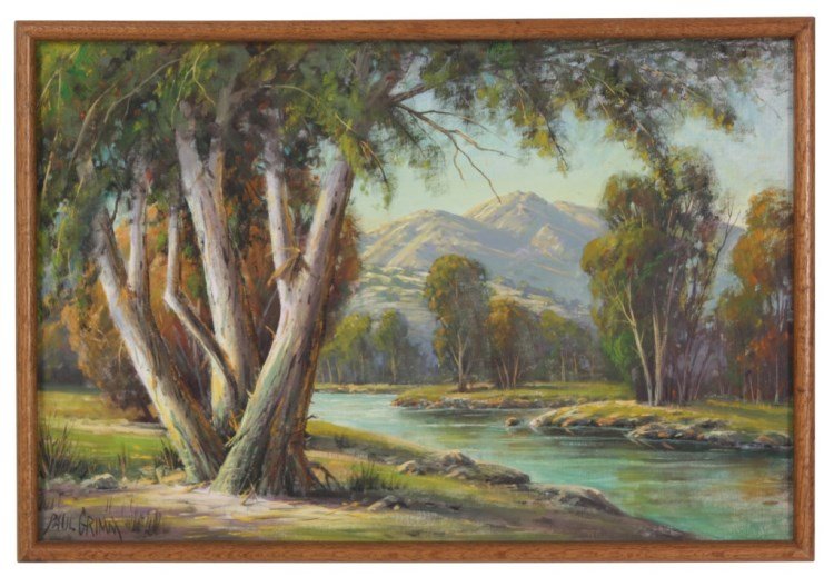 Paul Grimm O/B Landscape: Paul A. Grimm (1891-1974, California) oil on canvas board, western North American riverbed scene with trees and grass lining the riverbank and a beautiful mountainous background. Signed lower left, in
