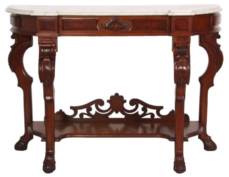 Walnut Marble Top Console: Walnut Marble Top Console. White marble top with curved sides and a beveled edge, has a single drawer with carved pull and raised panels, stands on carved legs with lower shelf stretcher having a pier