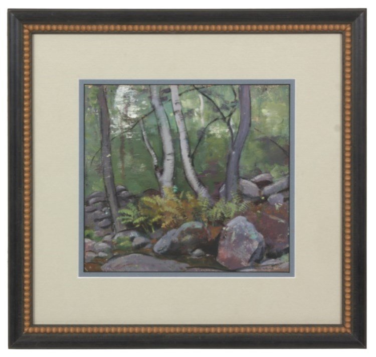Everett Warner O/B Forrest Scene: Everett Longley Warner (1877-1963, United States) oil on board titled Deep Woods, a forest scene with trees and boulders, signed lower right “Everett Warner” and paper label on the verso for the L