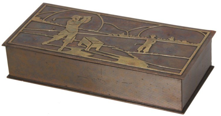Silvercrest Bronze Golf Themed Cigarette Box: Silvercrest Bronze Golf Themed Cigarette Box. 2 toned light brown and polished bronze finish with a scenic relief design in the lid with 2 figures on a golf course; cedar lined, in good overall condit