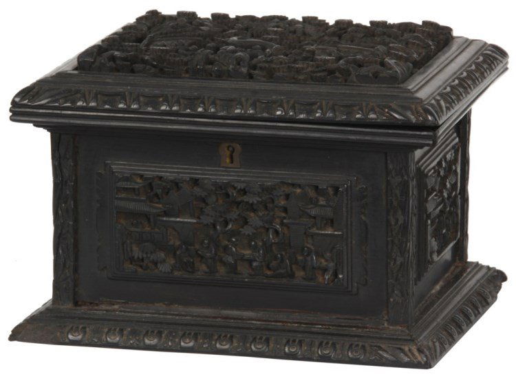 Chinese Carved Ebony Wood Box: Chinese Carved Ebony Wood Box. Intricate scenic carved panels on the lid and sides with clusters of trees, buildings, figures and carved borders with a padded velvet lined interior. Has a black overal