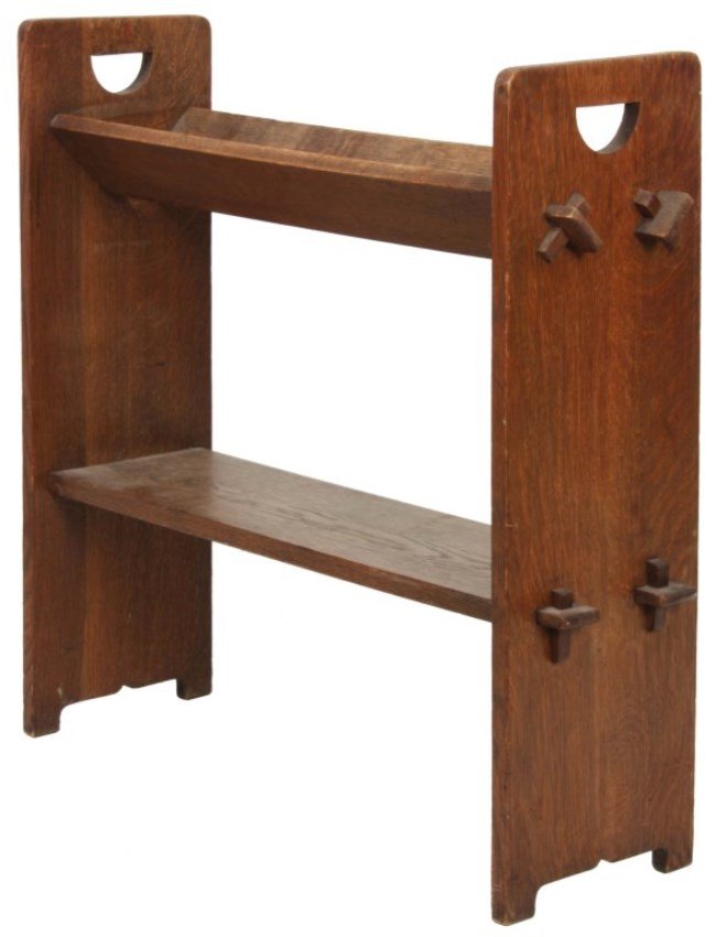 Gustav Stickley No. 74 Book Rack: Gustav Stickley No. 74 Book Rack. Oak book rack has D-shaped cutout handles in the sides with angled book rack at the top and shelf below having keyed through tenon construction. In good condition wit