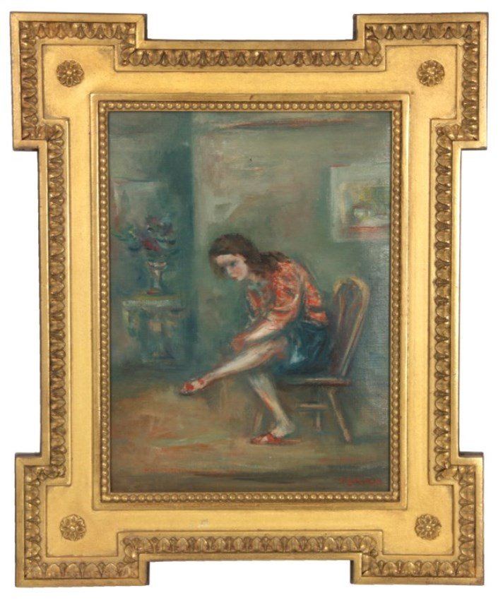 Jacques Zucker O/C Painting: Jacques Zucker (1900-1981, New York) oil on canvas painting of a young woman seated in a chair in the middle of a room with her legs crossed, taking off her shoes. Singed lower right J. Zucker, in ver