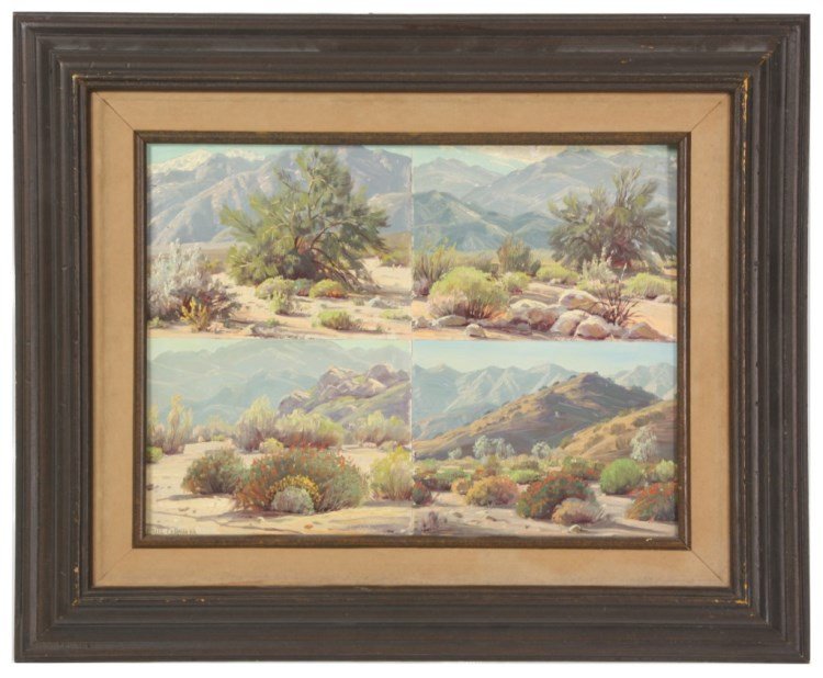 Paul Grimm O/B 4 Panel Landscape: Paul A. Grimm (1891-1974, California) oil on board 4 panel desert scenes; dusty California desert scenic panels with rocks, brush and colorful mountains in the background. Singed lower left, board is