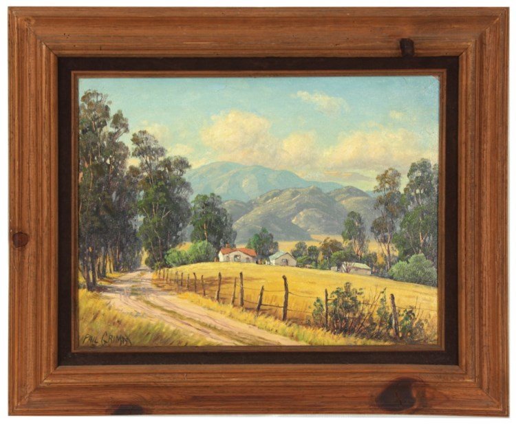 Paul Grimm O/B Farm Landscape: Paul A. Grimm (1891-1974, California), oil on canvas board scenic landscape painting with a fence lining a dirt road, tall west coast trees with a homestead and mountainous background. Signed lower le