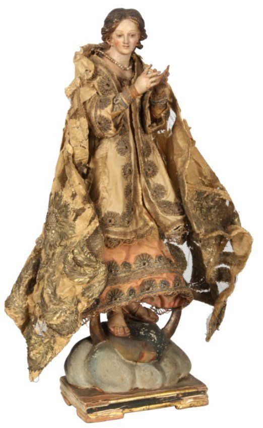 Early Neapolitan Creche Figure: Early Neapolitan Creche Figure. Turn of the 19th century figure of a the Virgin Mary with painted gesso head, hands and feet w/ sandals, the mythical base having a horned helmet and serpent with glass