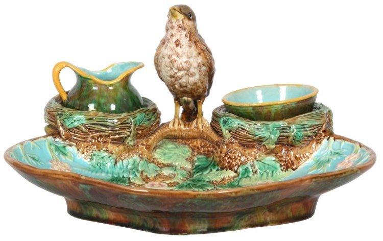 Attr: George Jones Majolica Strawberry Server: Attr: George Jones Majolica Strawberry Server. Trefoil shaped tray decorated with strawberry brush and flowers with a figural bird perched on a branch at the rear; on either side of the bird resembles