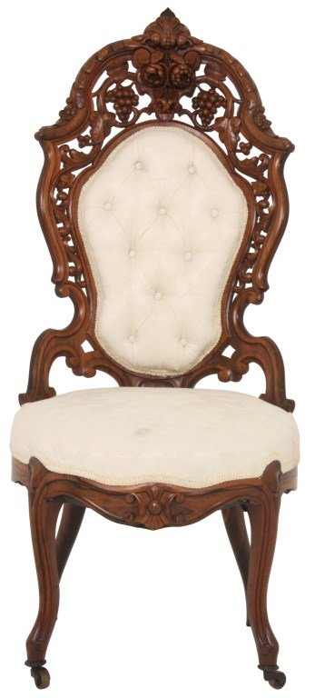 J & JW Meeks Hawkins Pattern Sidechair: J & JW Meeks Hawkins Pattern Pierced Carved Laminated Rosewood Sidechair. Pointed shell carved crest over hanging roses, leaf carving on the crest rail and pierced carved back with grape clusters and 