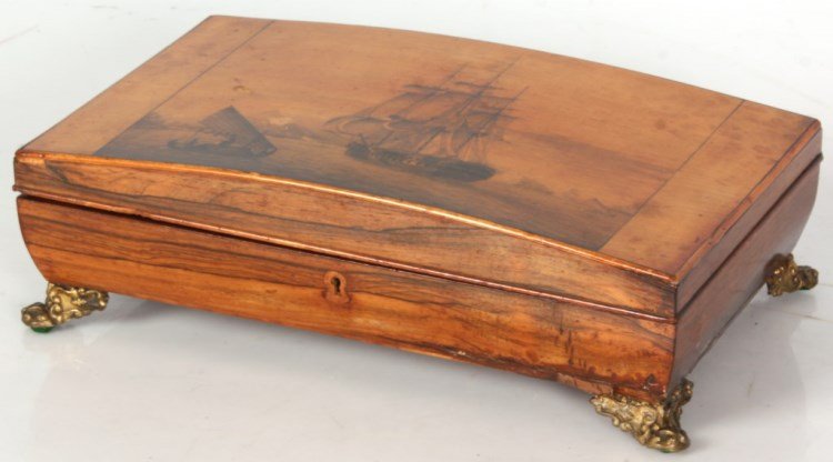 English Tunbridge Ware Rosewood Sewing Box: English Tunbridge Ware Rosewood Sewing Box. The lid has an arched form and is decorated with an engraved scene with a large 3 mast sailing ship and a smaller fishing vessel; has a rosewood body and st