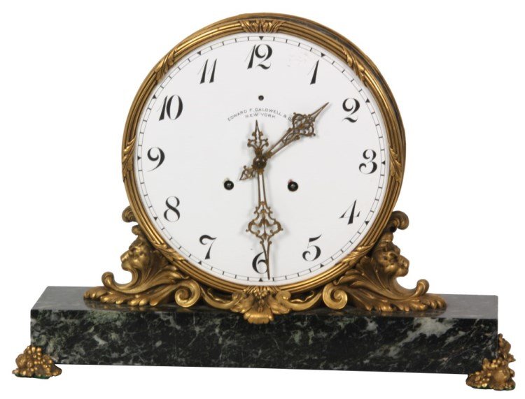 Caldwell Marble & Bronze Mantle Clock: Caldwell Marble & Bronze Mantle Clock. 8.5 in. porcelain dial signed Edward F. Caldwell & Co., New York”, has black hour numbers and fancy pierced engraved hands; brass double spring driven time onl