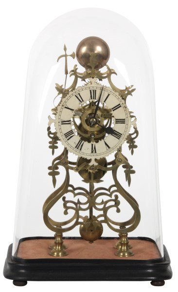 Single Fusee Brass Skeleton Clock: Single Fusee Brass Skeleton Clock w/ Dome. 6 in. painted metal dial with black Roman hour numerals, black hands, fancy pierced brass plates, single fusee 8 day spring driven movement with anchor escap