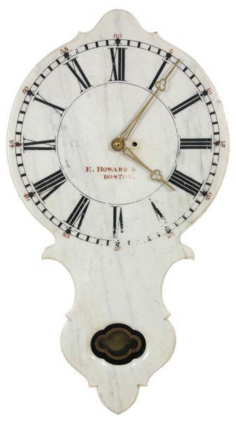 E. Howard No. 17 Marble Dial Clock: E. Howard No. 17 Marble Dial Clock. White marble front clock with a painted 24 in. dia. dial signed “E. Howard & Co., Boston”, has black Roman hour numerals and minute markers, red 5 minute number