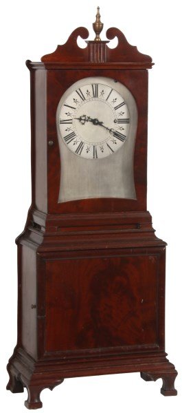 E. Howard Repro Mass. Shelf Clock: E. Howard Clock Co. Reproduction Massachusetts Shelf Clock. 6 in. silvered dial with black Roman hour numerals, fancy black hands; brass 8 day spring driven time only movement is signed “E. Howard &
