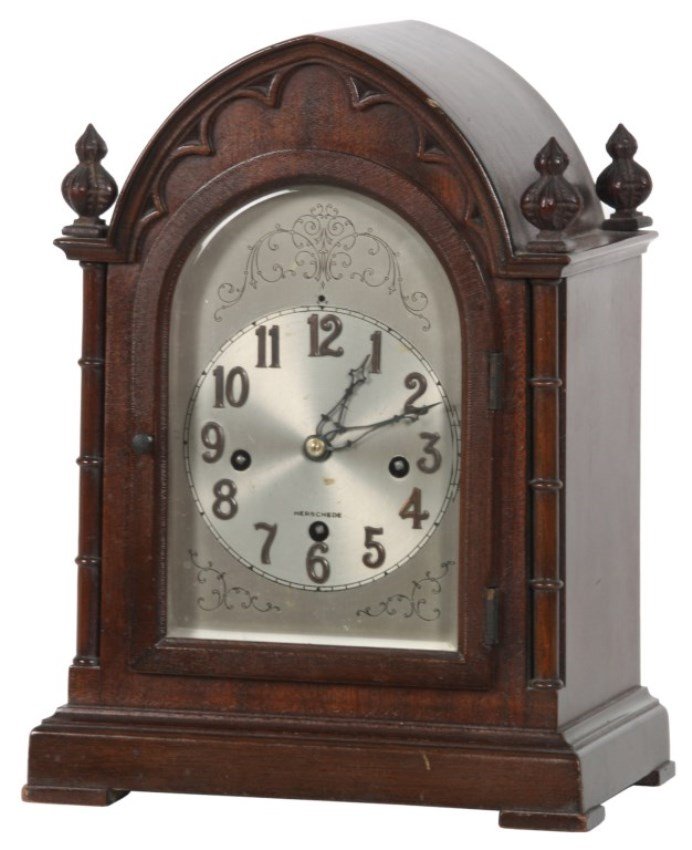 Herschedes Model 20 Beehive Mantle Clock: Herschedes Model 20 Beehive Mantle Clock. Silvered dial signed “Herschedes” has a 4.5 in. chapter ring with applied brass hour numbers, incised filigree design, fancy pierced hands & Chime/Silent 