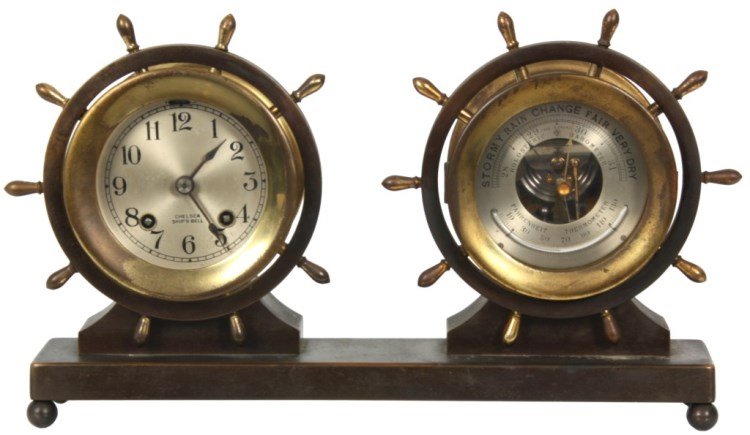 Chelsea Ship’s Bell Desk Clock w/ Barometer: Chelsea Ship’s Bell Desk Clock w/ Barometer. 3.5 in. silvered dial signed “Chelsea Ship’s Bell” with black incised hour numbers and blued spade hands; typical 8 day brass spring driven movemen