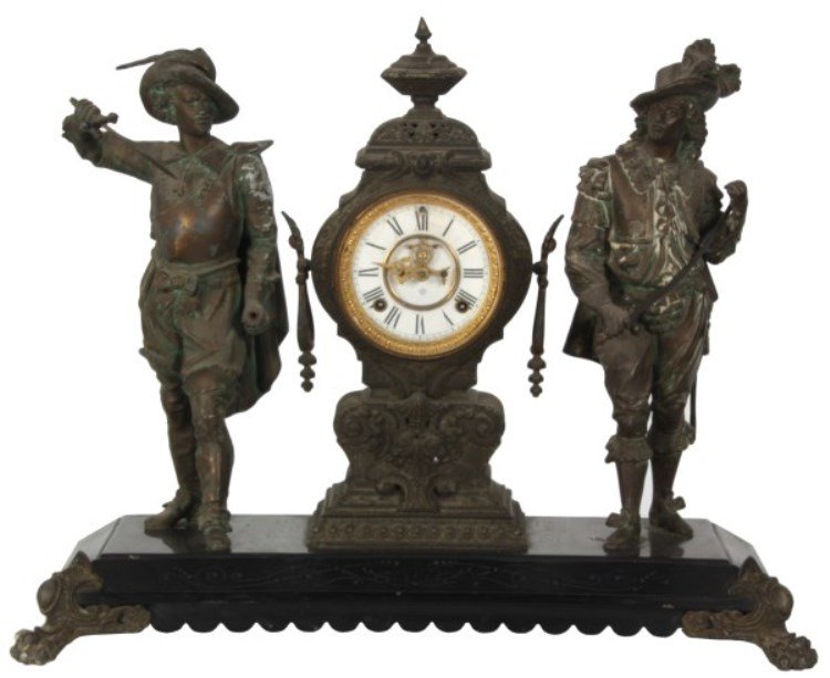 Ansonia Double Figural Mantle Clock: Ansonia Double Figural Mantle Clock – Standing spelter figures of Don Caesar & Don Juan each holding a sword and in traditional dress, a tall clock tower stands between them with finial top, handles