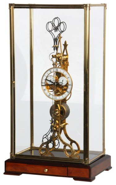 Scissor Pendulum Fusee Skeleton Clock (Replica): Scissor Pendulum Fusee Skeleton Clock (ProClocks Replica, made in China). Fancy engraved pierced scissor shaped brass plates with vertical stacked gears over the chain fusee spring driving the clock, 