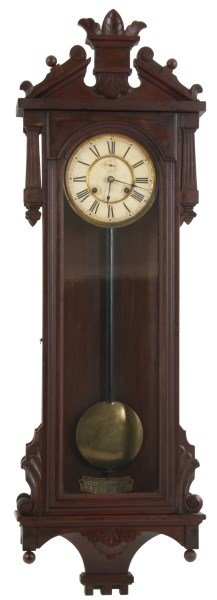 Ansonia Spring Driven Wall Regulator – Prompt: Ansonia Spring Driven Wall Regulator – Prompt. Original 8 in. paper dial signed “Ansonia Clock Co., New York, United States of America” with black Roman hour numerals, blued spade hands and sub