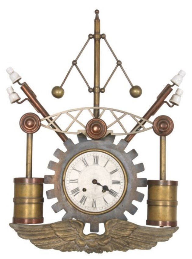 Attr: German Industrial Wall Hanging Clock: Attr: German Industrial Wall Hanging Clock. Brass and copper case in the form of a beam engine with large center gear bezel, governor top and crossed copper piping with porcelain fittings. Has a 6 in.