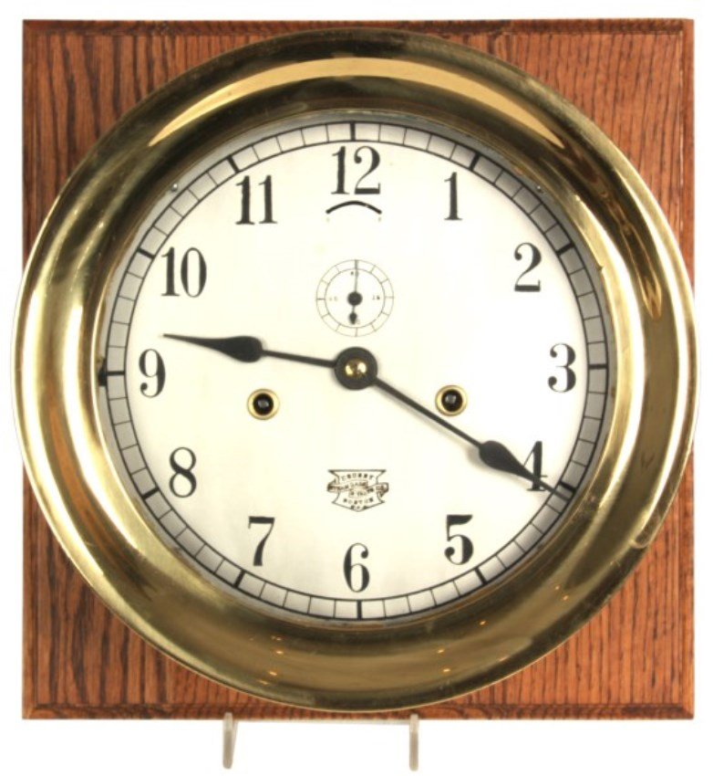 Seth Thomas Chronometer & Lever Clock: Seth Thomas Chronometer & Lever Clock. 8 in. silvered brass dial signed “Crosby Steam Engine & Valve Co. Boston, USA” and numbered 001034, has incised black Arabic hour numbers, 1 in. sub seconds