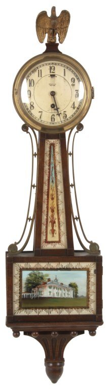Chelsea Spring Driven Banjo Clock: Chelsea Spring Driven Banjo Clock. Original 5.5 in. painted metal dial signed “Tiffany & Co., New York”, has incised black hour numbers and blued hands; brass spring driven time only movement sign