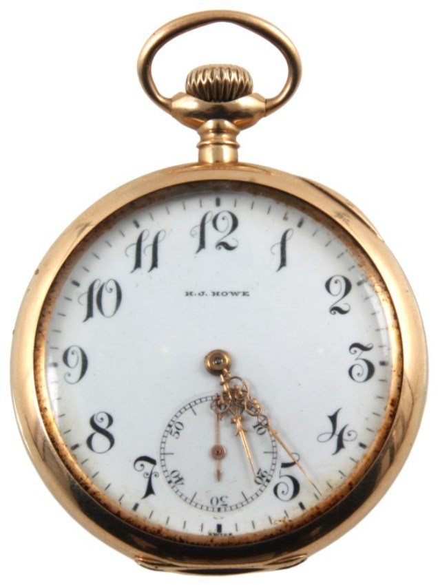 Longines Private Label H.J. Howe: Longines private label H.J. Howe signed dial and movemen #2768724 17 jewels, 5 adj. aprox. 37mm. Dial is clean with stem wind and set movement that sets and runs. The movement is also engraved CB and