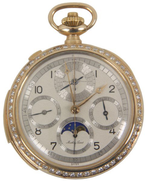Mathey Tissot Perpetual Split Chronograph Repeater: Mathey Tissot Perpetual Calendar Split Chronograph & Minute Repeater 14K Yellow Gold Open Face Pocket Watch. Marked 14K ".585" yellow gold Size 12 open face case signed Mathey Tissot, has 56 round cut