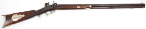 J.O. Robson Half Stock Sporting Rifle: J.O. Robson Half Stock Sporting Rifle. Approx: .41 caliber, 30 in. octagonal barrel with rifled bore, percussion cap & ball, walnut half stock, grain painted ramrod, inlaid squirrel on the left of the