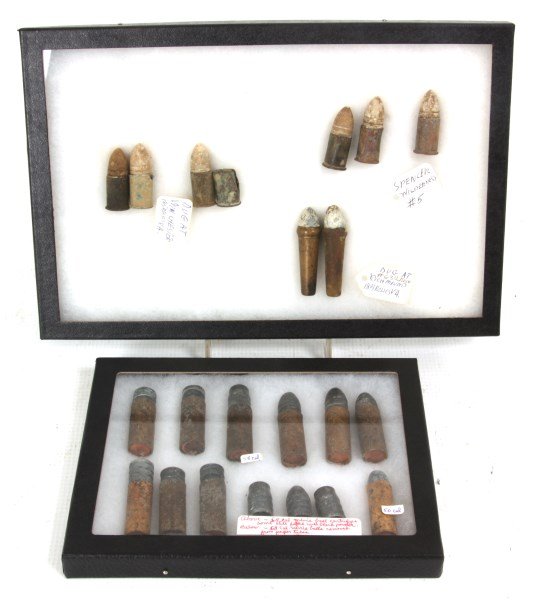 Lot of Early Rifle Bullets & Cartridges: Lot of Early Rifle Bullets & Cartridges. 58 Caliber mini ball, 50 Caliber w/ Paper cartridge, Spencer, etc.