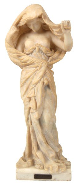 28.5 in. Carved Alabaster Female Sculpture: 28.5 in. Carved Alabaster Female Sculpture. Titled “La Nature Se Devoilant” after Earnest Barrias, a standing figure of a woman wearing long garments, she holds a cloak covering her head with expo