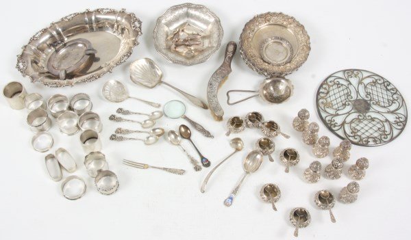 74 Pcs. Odd Sterling Silver: 74 Pcs. Odd Sterling Silver. 8 Stieff shakers (2.5 in.), 8 Stieff salts w/ matching spoons, 7 corn spears (not marked), 15 assorted napkin rings, small Tiffany & Co. tray (3 in. dia.), 8 Stieff trays 